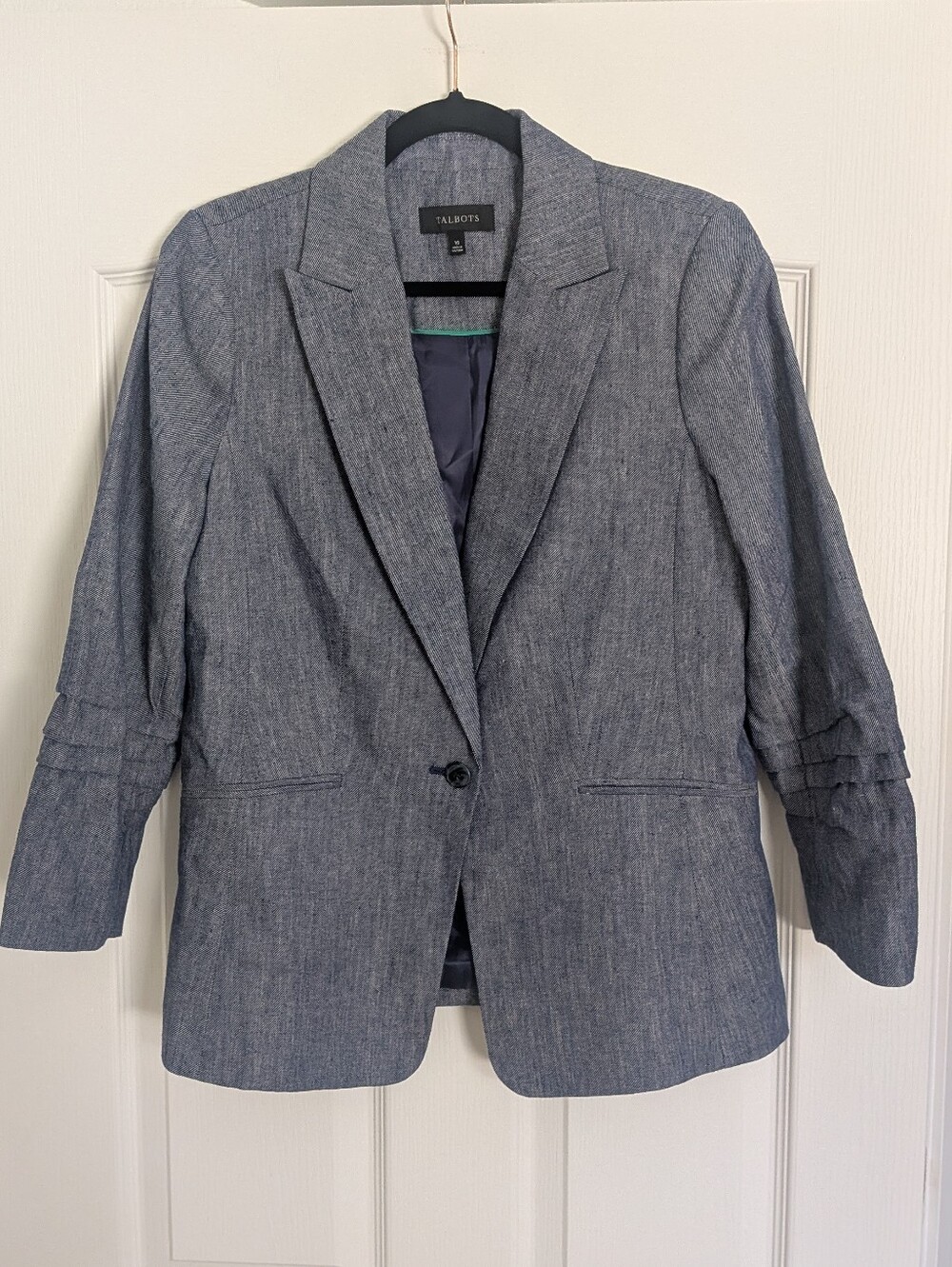 Talbots Linen Cotton Blue Chambray 1 Button Blazer Ruched 3/4 Sleeve